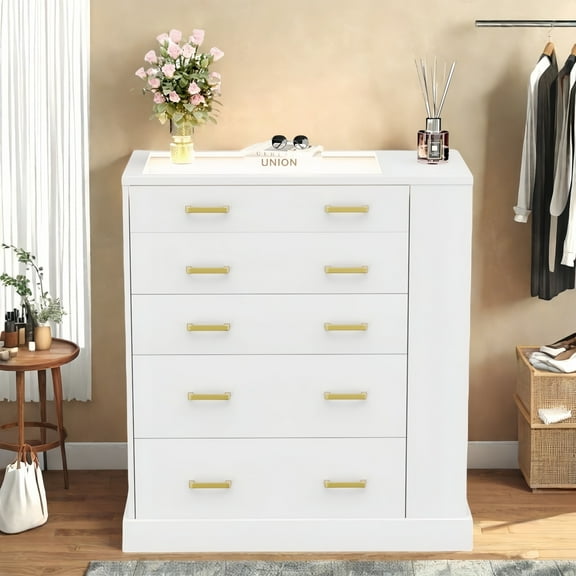 Cyehnenx 5 Drawer Dresser with Led Lights & Jewelry Organize & Modern Wood Chests of Drawers for Bedroom, with Open Storage and Glass Top, White