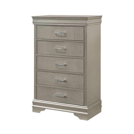 5 Drawer Contemporary Chest with Textured Details and Bar Handles, Silver