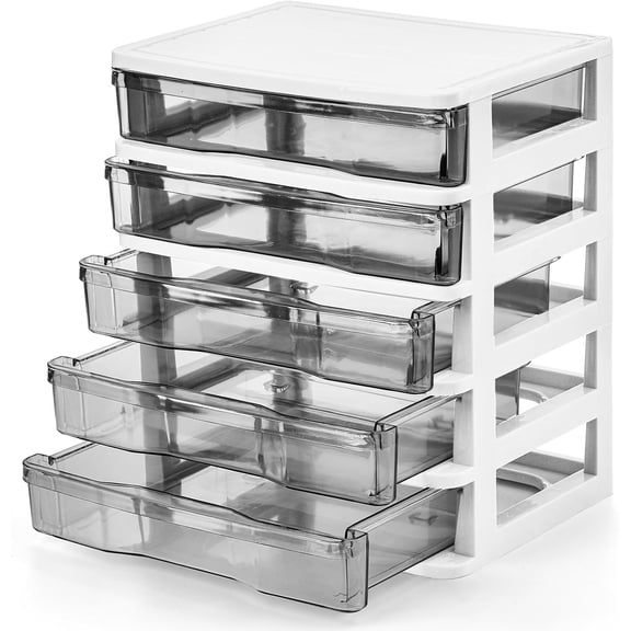 5 Drawer Desktop Storage Bin Unit, Small Plastic Organizer, White Frame with Clear Drawer, Mini Container Case for Desk, Storing Craft, Accessory, Stationery