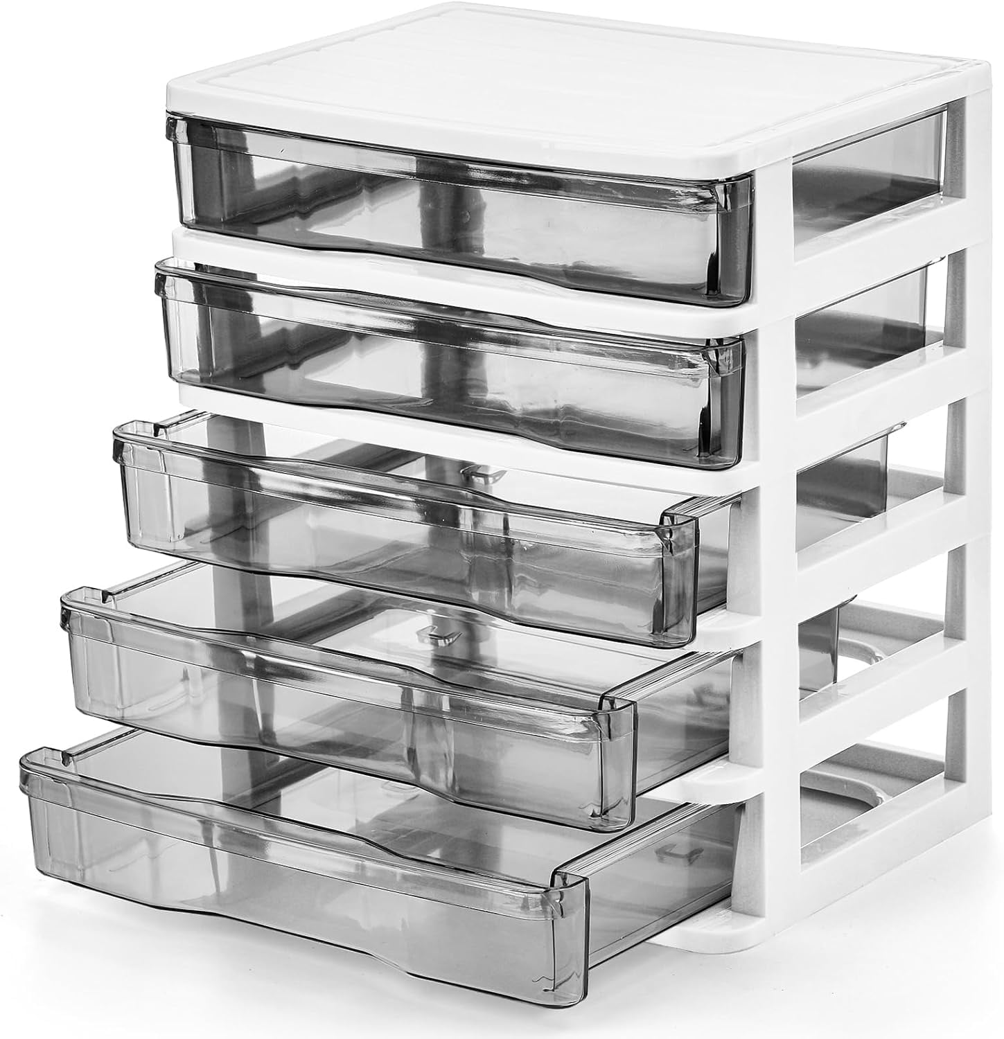 5 Drawer Desktop Storage Bin Unit  Small Plastic Organizer White Frame With Clear Mini Container Case For Desk Storing Craft Accessory Stationery