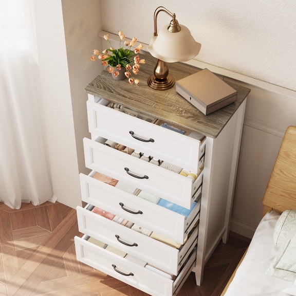 5 Drawer Dresser, 44.8" Modern Wood Chest of Drawers, Large Capacity Storage Cabinet with Smooth Rails & Metal Handles,for Bedroom, Living Room, Hallway,Grey