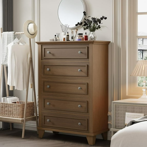 5 Drawer Dresser, 48 Inch Tall Modern Chest with Deep Drawers & Metal Handles, Brown Wood Storage Organizer for Bedroom, Living Room, or Entryway