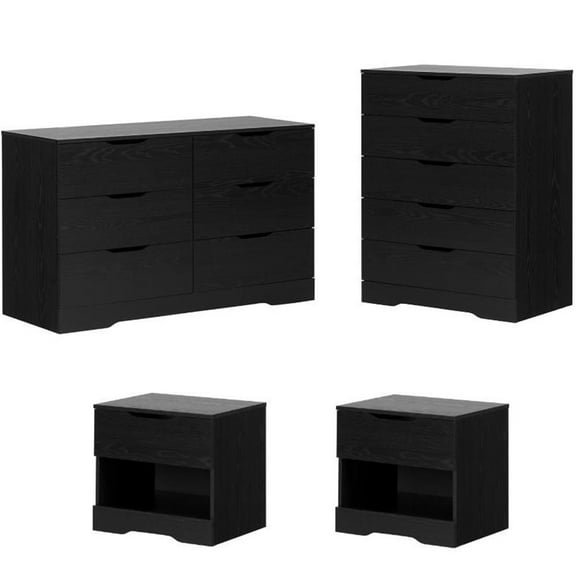 5 Drawer Dresser 6 Drawer Double Dresser and 2 Nightstand Set in Black Oak