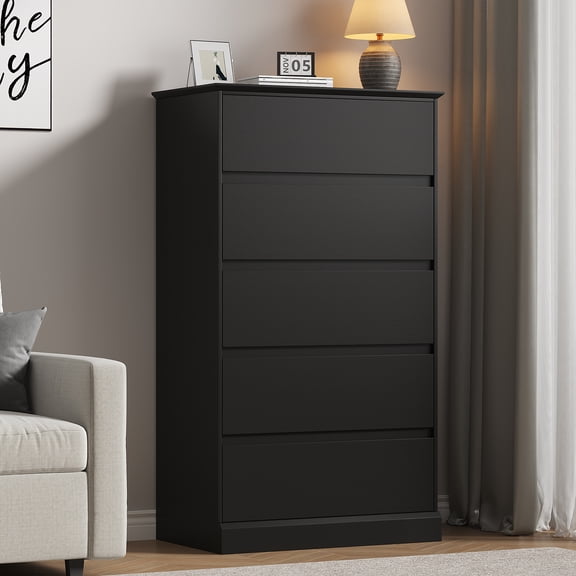 5 Drawer Dresser for Bedroom, 15.8" D x 27.6" W x 48.4" H in Simply Modern Chest of Drawers, Wood Storage Dresser with Deep Drawers for Living Room Hallway Entryway, Black