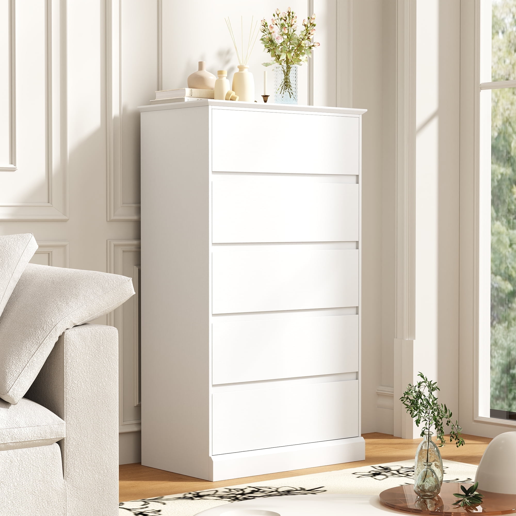 NEGYLIM 5 Drawer Dresser Tall Modern White Chest of Drawers with Anti Tip Large Storage for Bedroom Hallway Entryway White