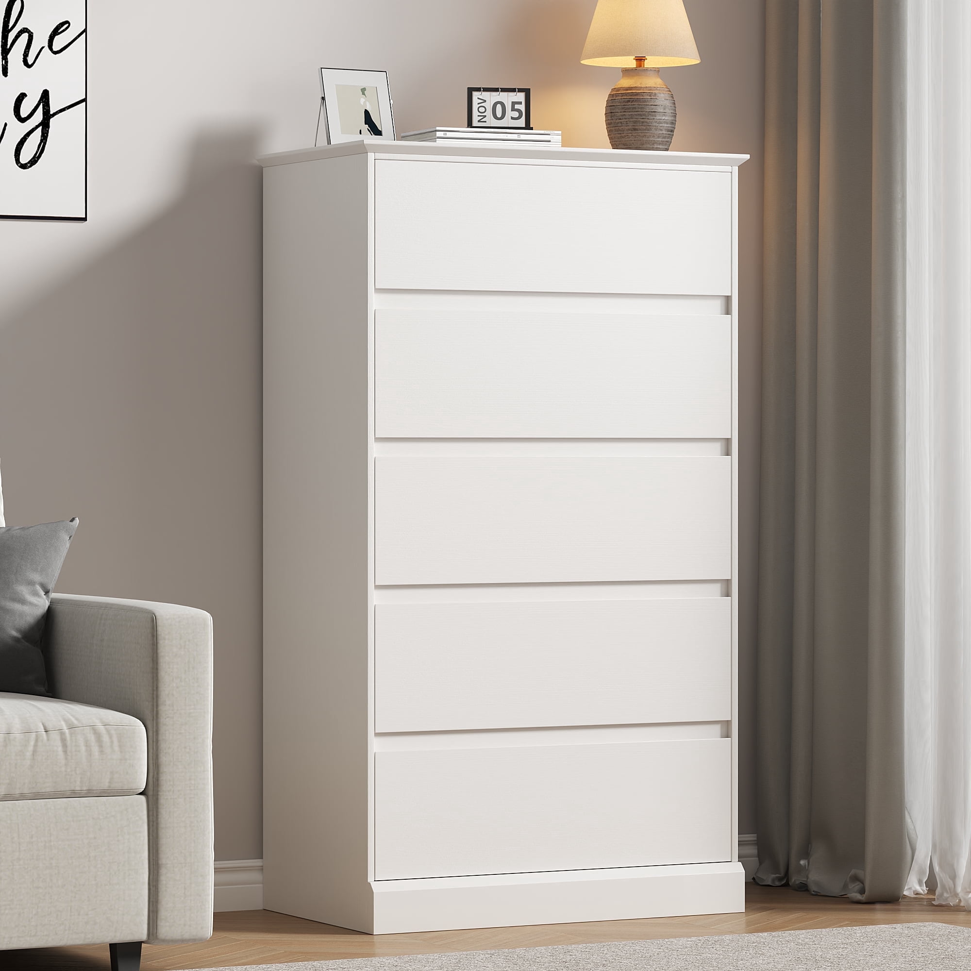 5 Drawer Dresser for Bedroom, 15.8" D x 27.6" W x 48.4" H in Simply Modern Chest of Drawers, Wood Storage Dresser with Deep Drawers for Living Room Hallway Entryway, White