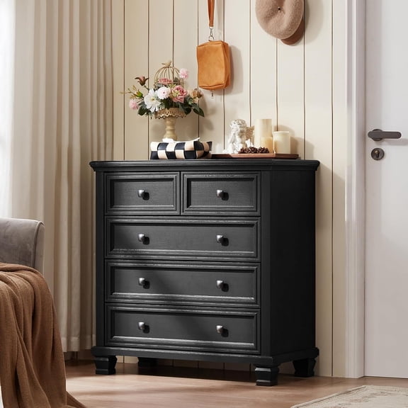 5 Drawer Dresser for Bedroom, 32.6" Tall Chest of Drawers, Wood White Dresser with Deep Drawers, Storage Dressers Organizer for Bedroom, Living Room, Black