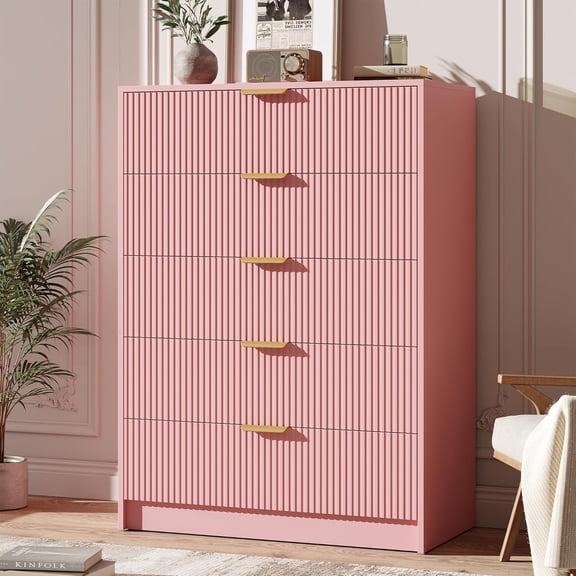 5 Drawer Dresser for Bedroom - 41" Tall Vertical Modern Fluted Chest of Drawers with Golden Metal Handles, Multi-Function Home Organizer for Living Room, Entryway, Hallway