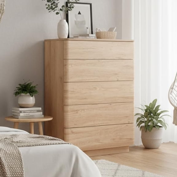 5 Drawer Dresser for Bedroom, 42" Tall Modern Chest of Drawers, Push-to-Open Wood Dressers with Large Drawers, Curved Profile Design, Natural Oak$$Home Decor, Kitchen, & Other