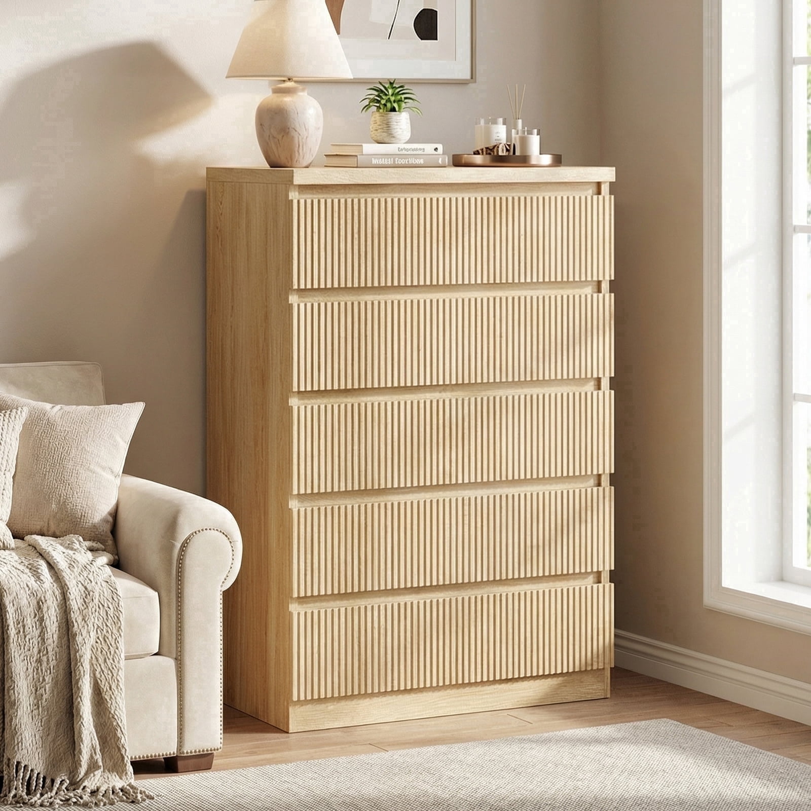 5 Drawer Dresser for Bedroom, 43" Tall Dresser for Bedroom, Modern Fluted Chest of Drawers, Handle-Free/Floor-Mounted Wood Drawer Dresser for Living Room, Bedroom, Entryway, Hallway (Oak)