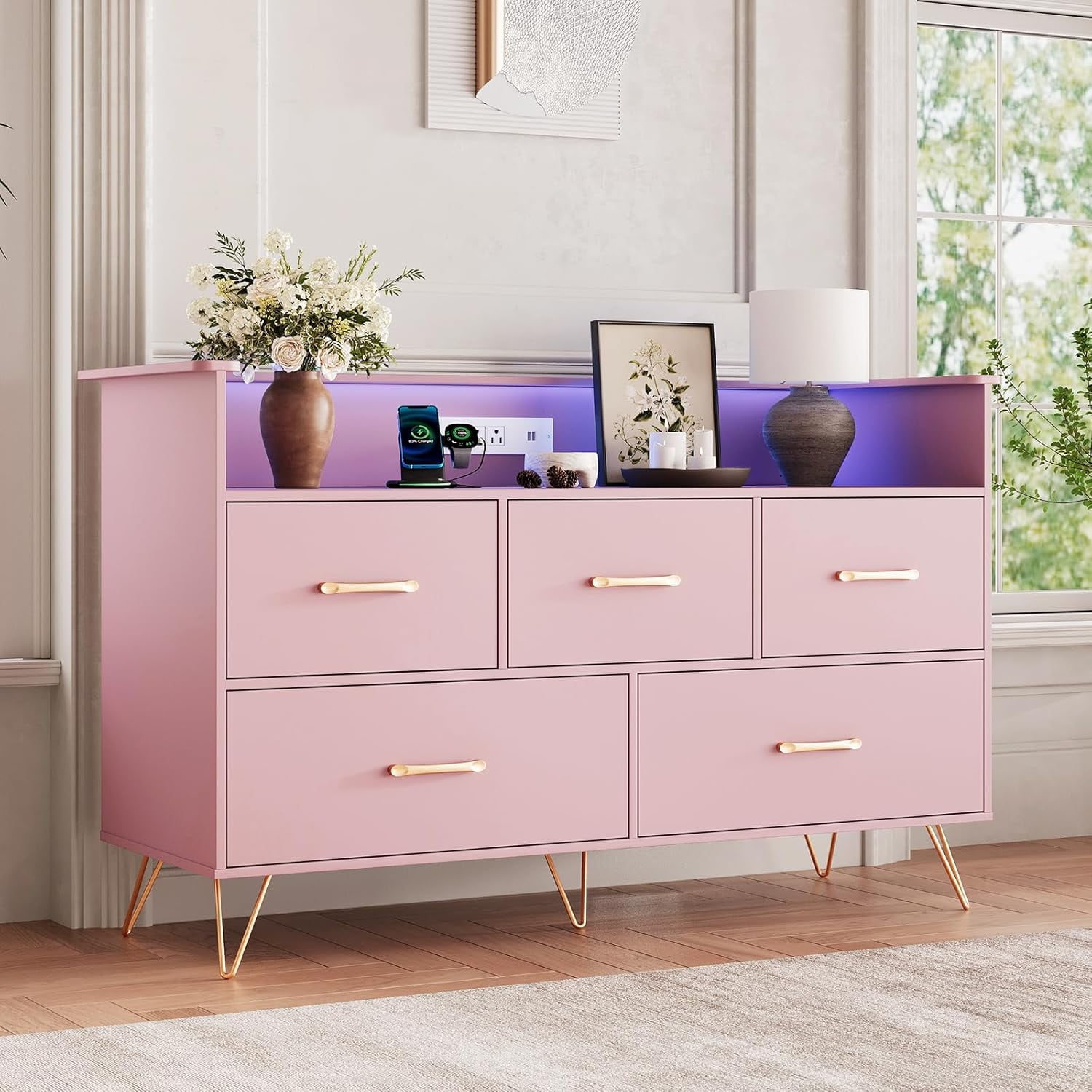 5 Drawer Dresser for Bedroom, 47 in Modern Wooden Dresser with LED Lights & Charging Station, Wide Chest of Drawers Storage Organizer for Nursery Hallway Apartments, Pink
