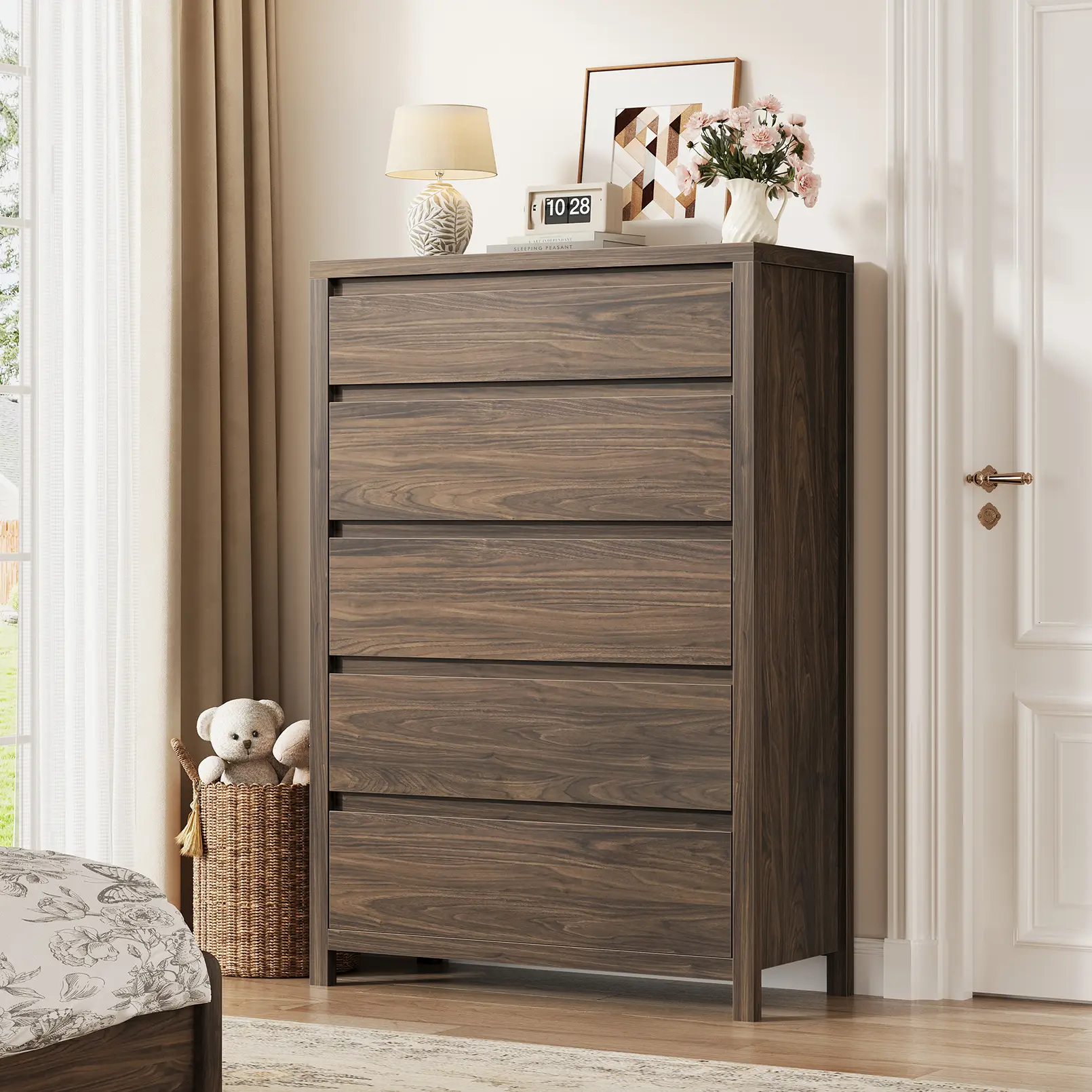 5 Drawer Dresser for Bedroom, 48" Tall Wooden Closet Dresser with Smooth Drawer, Large Tall Dressers & Chests of Drawers for Bedroom Living Room, Walnut Dresser