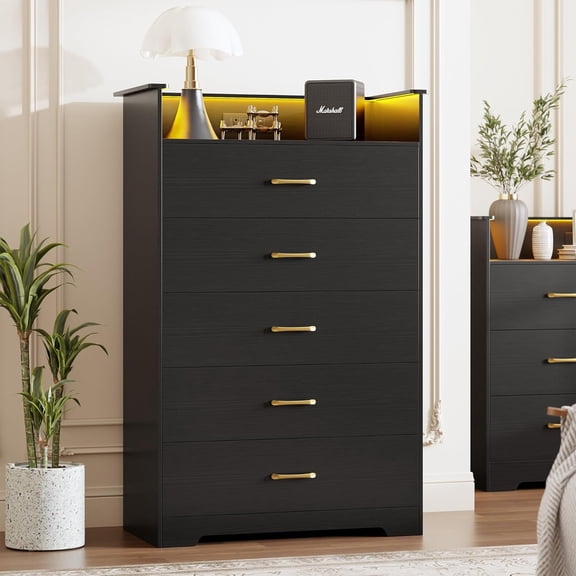 5 Drawer Dresser for Bedroom - 51" Tall Vertical Chest of Drawers with LED Light and Charging Station, Entryway, Hallway, Black, Modern Organizer Cabinet with Open Shelf for Living Room