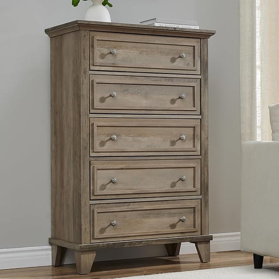 5 Drawer Dresser for Bedroom, Drawer of Chest with Metal Handles, TV Stand, Closet Organizers and Storage Clothes, Vintage Tall Dresser for Bedroom, Living Room, Entryway, and Closet