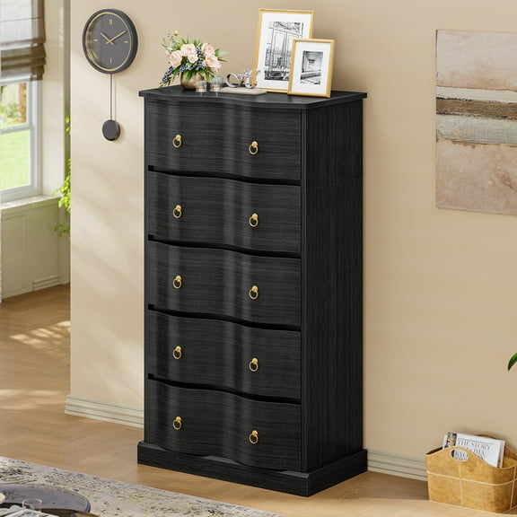 5 Drawer Dresser for Bedroom, Modern Chest of Drawers with Curved Drawer Design, Wooden Tall Dresser Storage Cabinet Bedroom Furniture for Living Room, Hallway, Closet, Black Gray