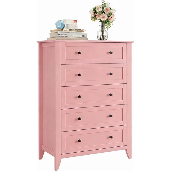 5 Drawer Dresser for Bedroom, Modern Tall Chest of Drawers with Metal Knobs, Wooden Clothes Storage Organizer for Closet, Nursery, Living Room, Apartment, Pink