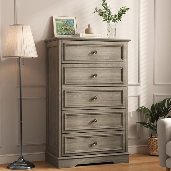 5 Drawer Dresser for Bedroom, Retro Wood Storage Cabinet with Antique Bronze Round Handles, Vintage Chest of Drawers with Solid Base for Living Room, Hallway, Entryway, Guest Room, Gray