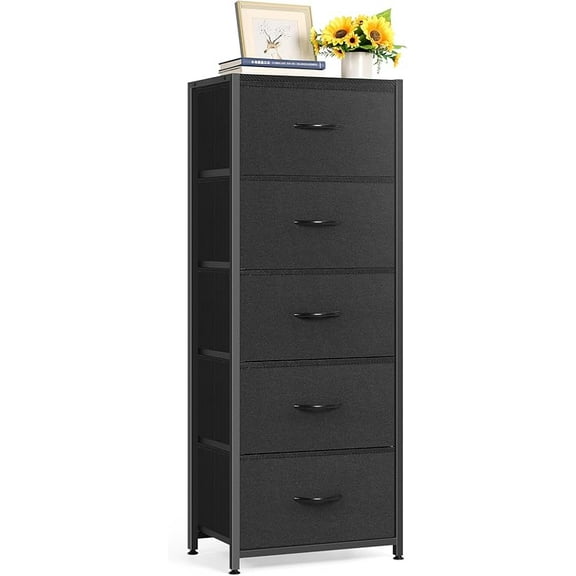 5 Drawer Dresser for Bedroom, Tall Fabric Storage Drawers, Tower Organizer Unit Chest of Drawers with Wooden Top for Closets Living Room Hallway Entryway, Metal Frame