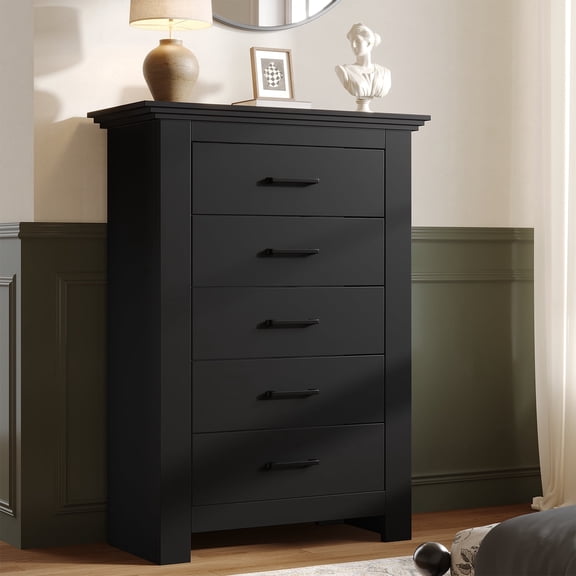 5 Drawer Dresser for Bedroom, Wood Chests of Drawers with Metal Handles, 47" Tall Dresser for Closet, Storage Cabinet Organizer Drawer, Vintage Design Wide Dresser for Hallway, Entryway, Black