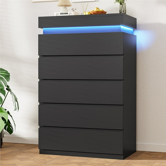 5 Drawer Dresser Black Dresser for Bedroom, Simply Modern Chest of Drawers, Wood Storage Dresser with LED Light for Living Room Hallway Entryway, Black