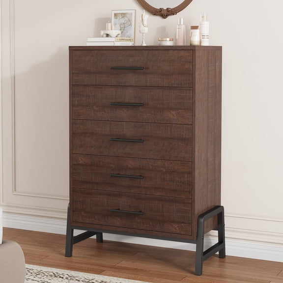 5-Drawer Dresser - Freestanding Wooden Storage Chest with Large Capacity, for Bedroom Closet, Living Room & Entryway, Brown-red (5-drawer chest)