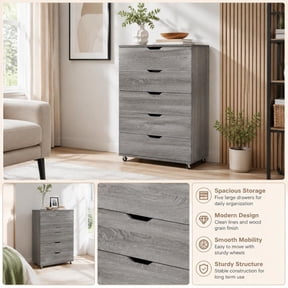 5-Drawer Dresser, Gray with Wheels, Modern Storage Cabinet