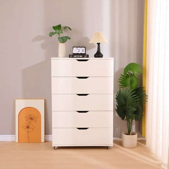 5-Drawer Dresser, Mobile Storage Cabinet with Drawers and Wheels, Modern Wood Room Orgnizer Cart, Tall Storage Chest Suitable for Bedroom, Living Room, Home Office