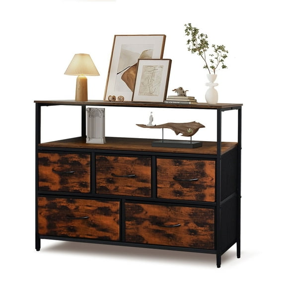 ACCVER 5-Drawer Dresser with Shelves, TV Stand with Fabric Drawers for Living Room, Closet and Chest for Bedroom & Apartment, Clothes Storage Organizer, Brown