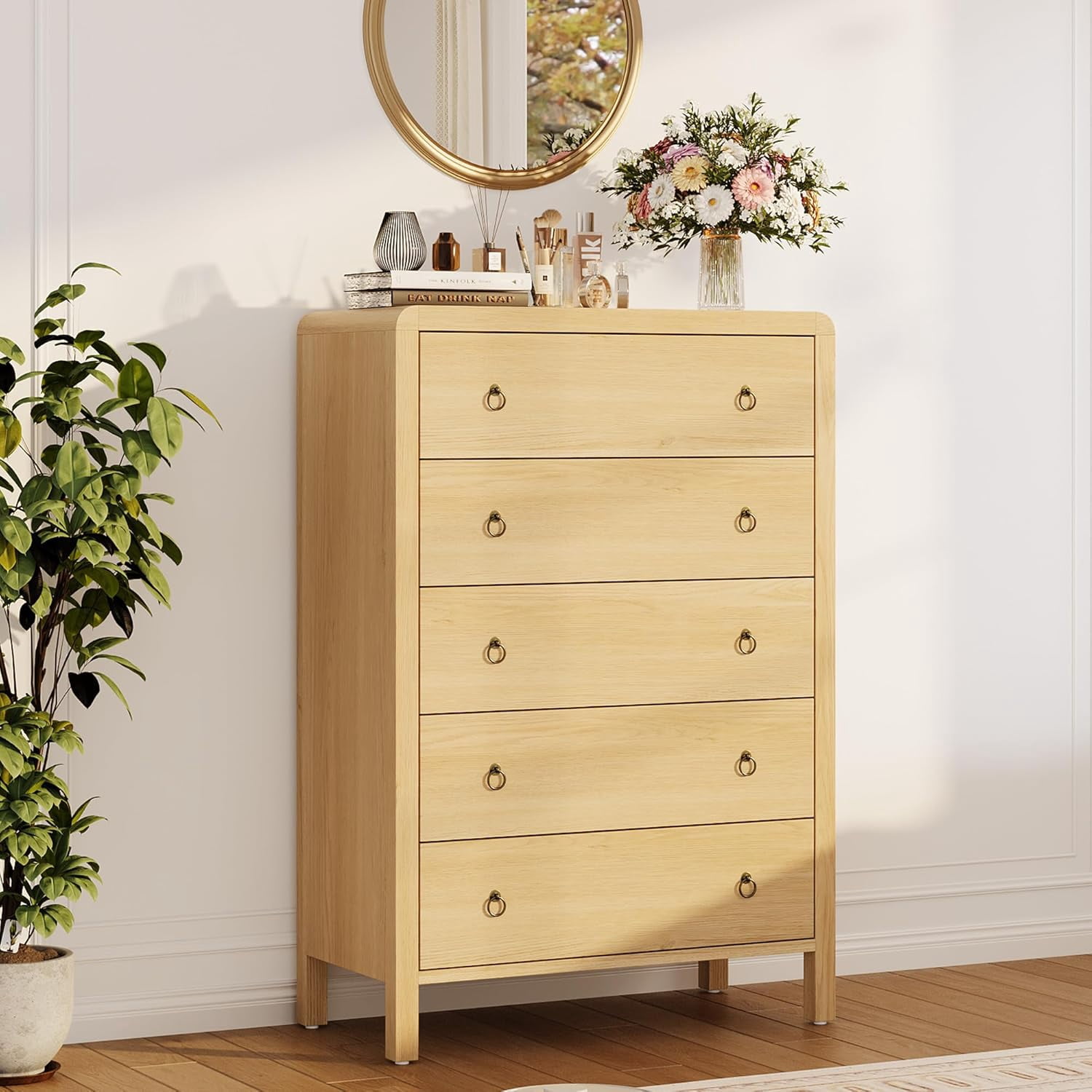gold dresser chest 5 Drawer Dresser, Storage of Drawer, Drawer Chest Bedroom Organizer Cabinet with Ring Pulls, Mid-Century Modern for Bedroom, Nursey, Living SU26D2