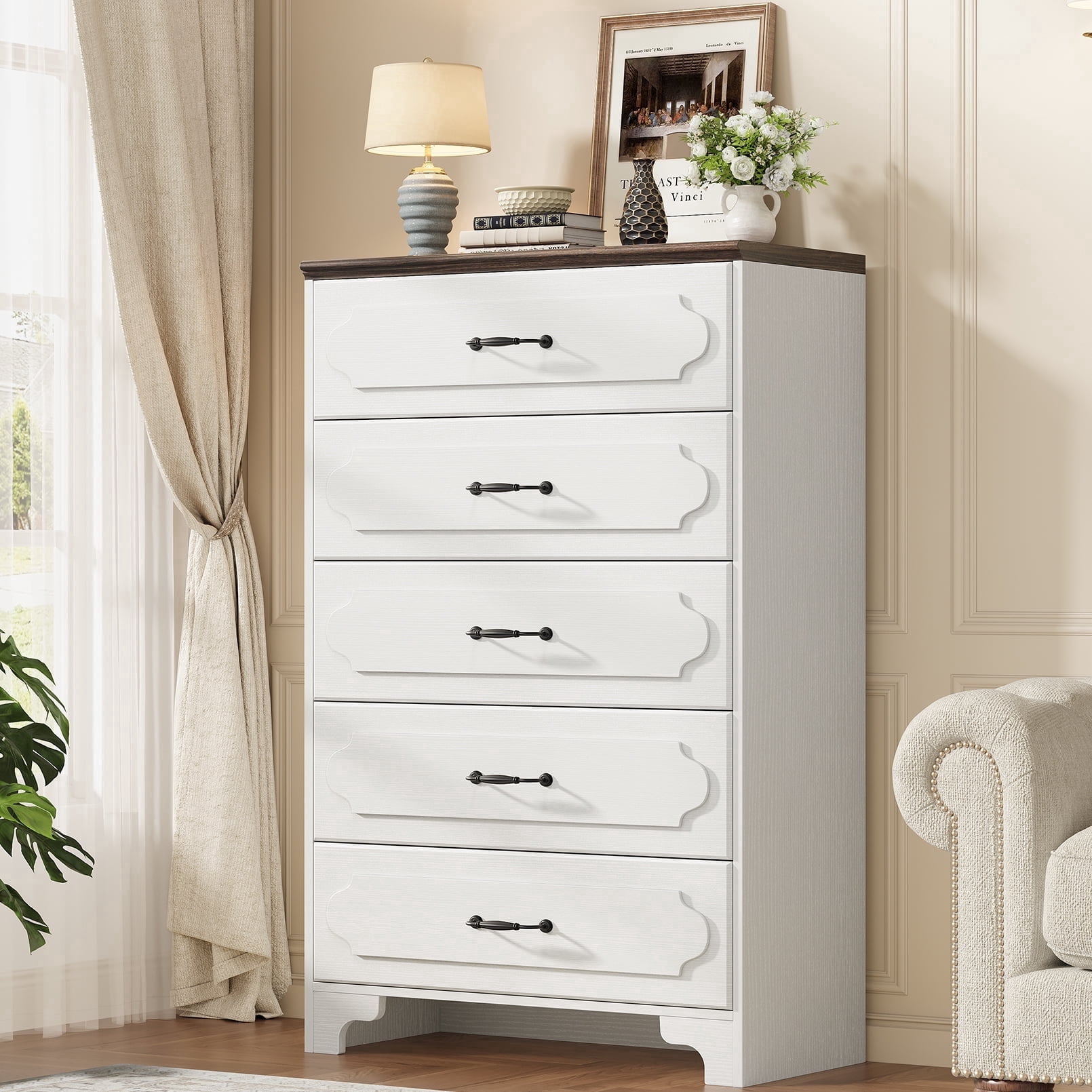 5-Drawer Dresser, White Tall Dresser for Bedroom, Narrow Chest of Drawers, Modern Vertical Storage Cabinet for Closet, Entryway or Living Room