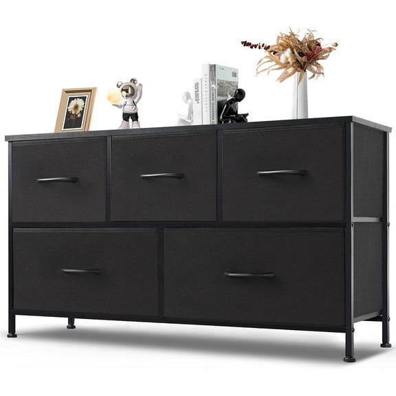 5 Drawer Dresser, Wide Chest Of Drawers Nightstand Storage Tower Storage Dresser Fabric Dresser With Wood Top for Living Room, Bedroom, Hallway, , Black