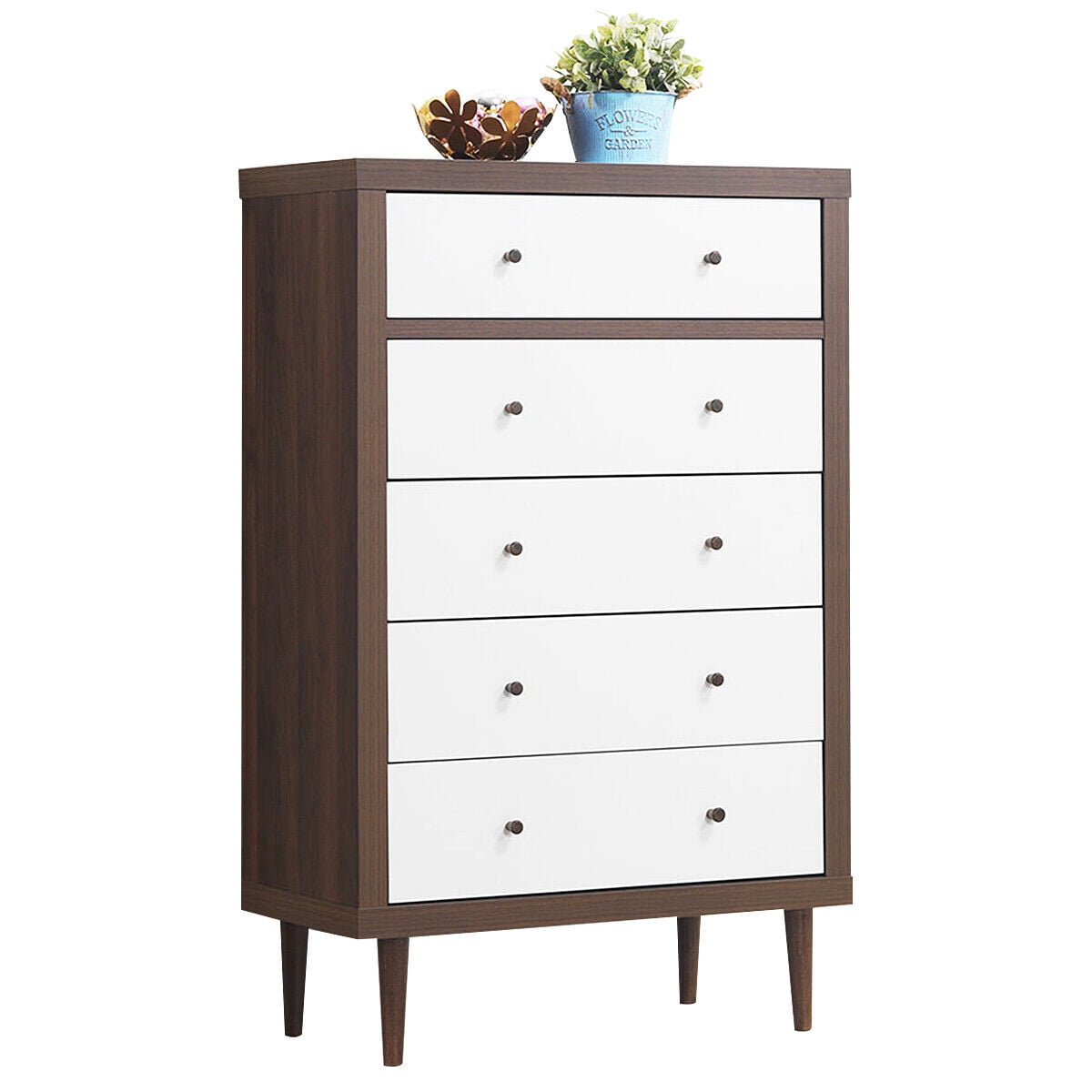 White and Walnut Mid-Century Modern 5-Drawer Dresser
