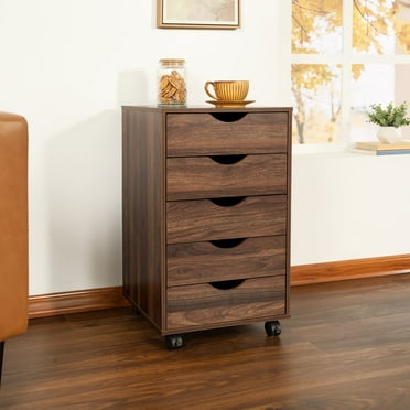 5-Drawer Dresser Wood Storage Cabinet on Wheels for Bedroom, Closet, or Office,  Brown Oak