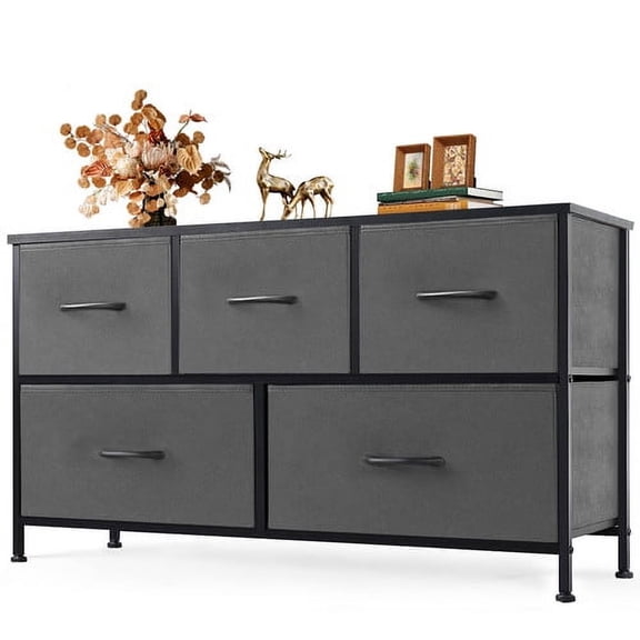 5 Drawer Dresser with Wood Top,Wide Chest Of Drawers Nightstand Storage Tower Storage Dresser Fabric Dresser for Living Room, Bedroom, Hallway, Nursery, Front Door, Grey