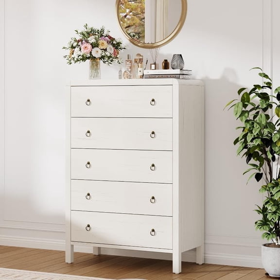 5 Drawer Dresser for Bedroom, 47.2" Tall Vertical Wooden Chest of Drawers for Closet, Narrow Space Saving Storage Organizer, White
