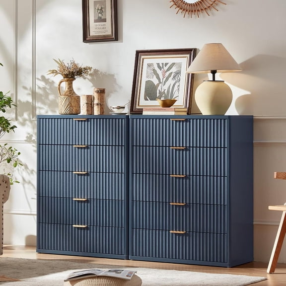 5 Drawer Dresser for Bedroom, Blue Dresser with Wide Drawers and Metal Handles,Modern Dresser Chest for Bedroom,Living Room,Entryway