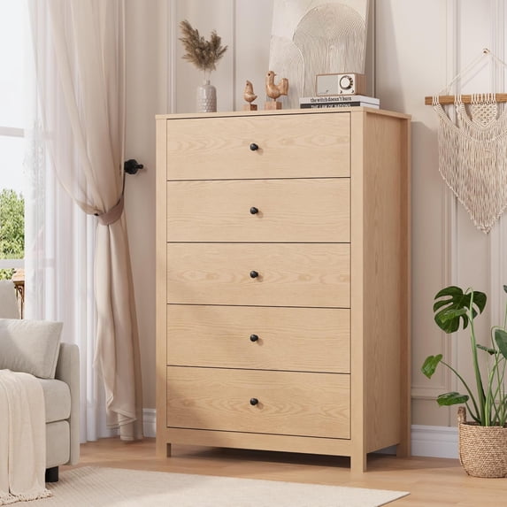 5 Drawer Dresser for Bedroom – Modern Simply Chest of Drawers, Wood Storage Dresser with Deep Drawers for Living Room, Hallway, Entryway, Natural Oak