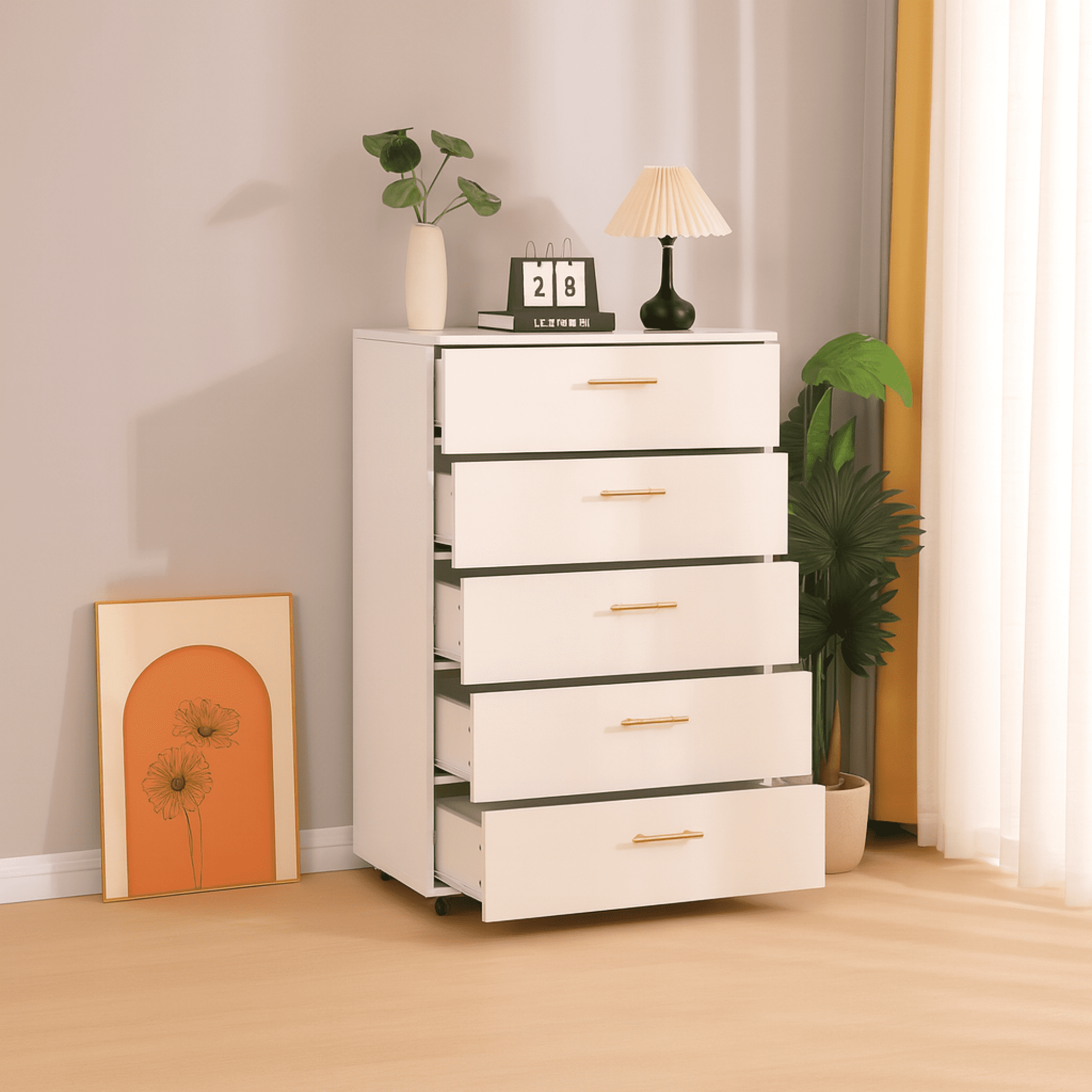 white and gold tall dresser 5 Drawer for Bedroom,Modern Wood Storage Cabinet with Handles,Tall Chest of Drawers for Living Room,Hallway,Entryway,White, Size: 71 inch assembled metal glides ensure effortless opening/closing and quiet operation Antoinette White and Gold Chest