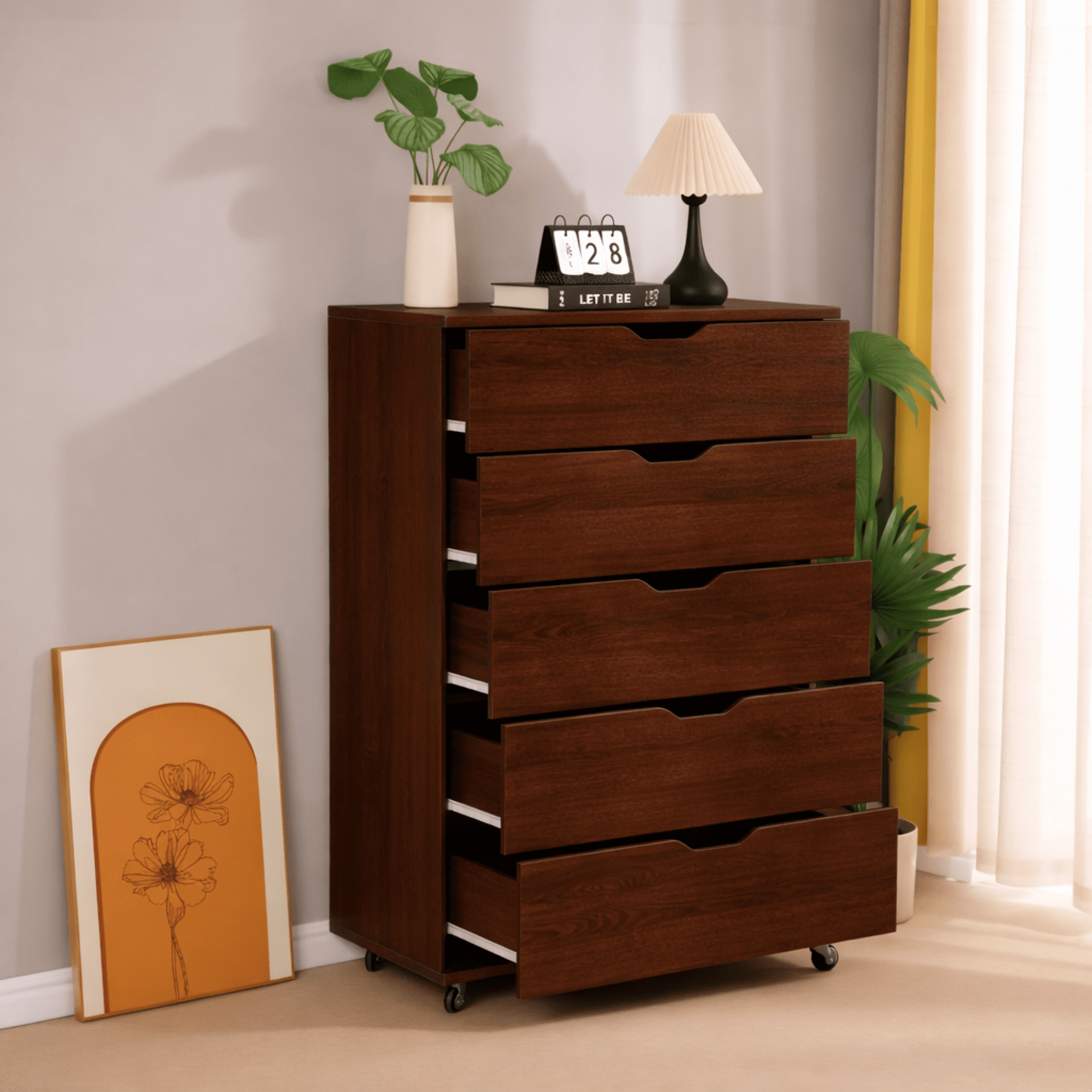 5 Drawer Dresser for Bedroom,Modern Wood Storage Cabinet with Wheels,Tall Chest of Drawers for Living Room,Hallway,Entryway,Dark Brown