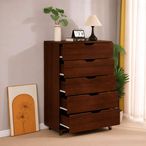 5 Drawer Dresser for Bedroom,Modern Wood Storage Cabinet with Wheels,Tall Chest of Drawers for Living Room,Hallway,Entryway,Dark Brown