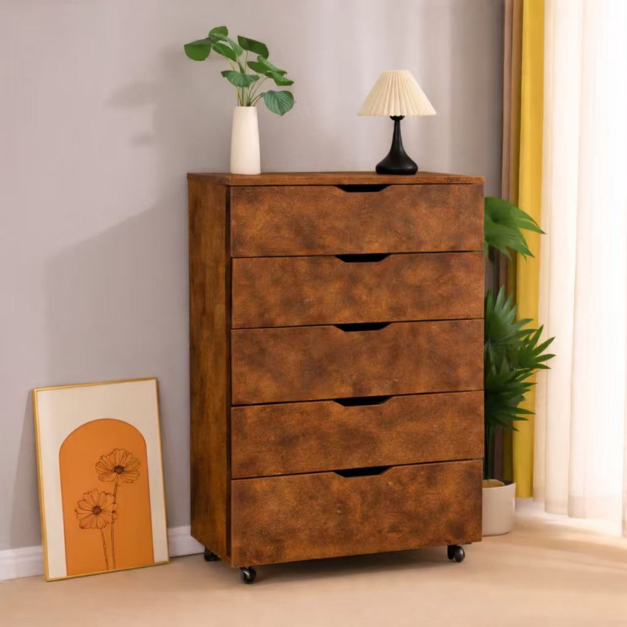 5 Drawer Dresser for Bedroom,Modern Wood Storage Cabinet with Wheels,Tall Chest of Drawers for Living Room,Hallway,Entryway,Rustic Brown