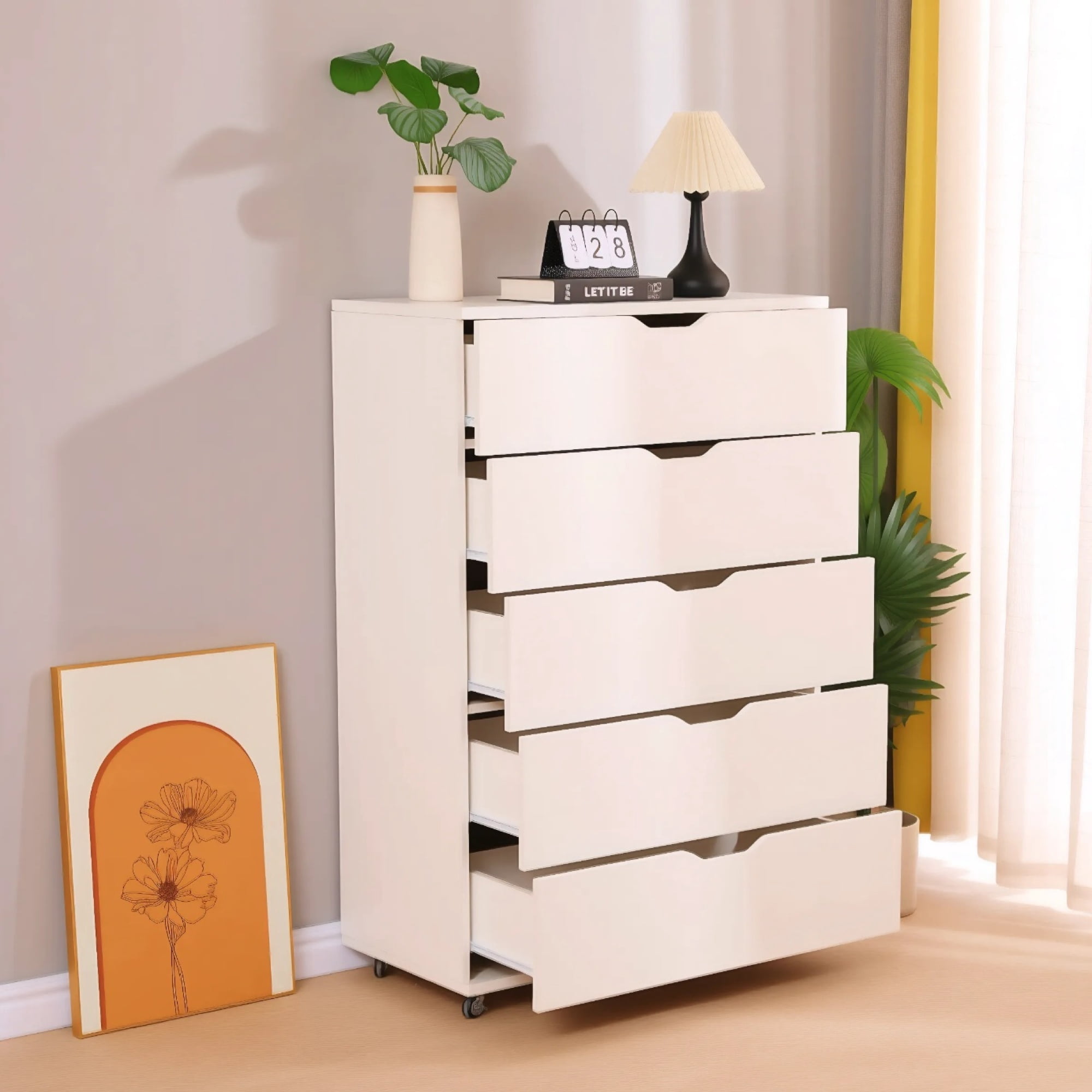 5 Drawer Dresser for Bedroom,Modern Wood Storage Cabinet with Wheels,Tall Chest of Drawers for Living Room,Hallway,Entryway,White02