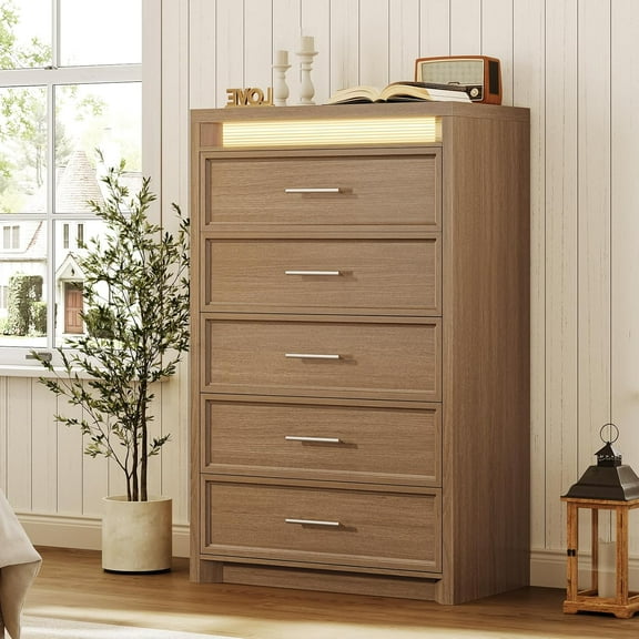 5 Drawer Dresser for Bedroom Tall Wood Chests of Drawers with RGB LED Lights, Dark Brown