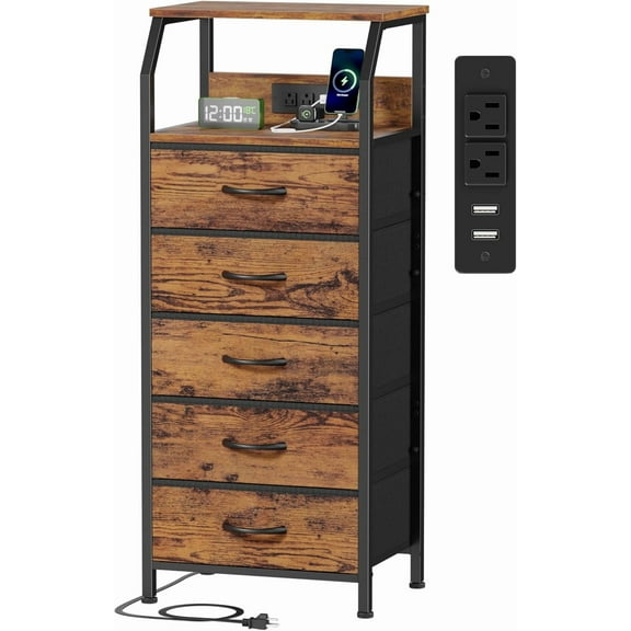 5 Drawer Dresser with Charging Station and Storage Shelf Rustic Brown