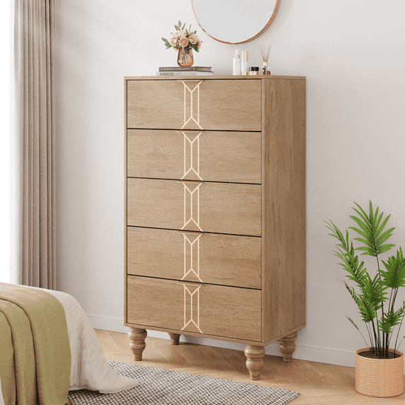 5 Drawer Dresser with Deep Drawers for Bedroom, Modern Wooden Chest Dresser with Deep Drawers with Vintage Pattern Design, Oak and Gold
