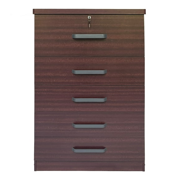 5 Drawer Dresser with Lock for Bedroom and Storage-Color:Mahogany