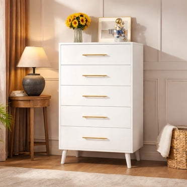 Noelse 5 Drawer Dresser, Tall Dresser with Metal Handles, Wood Storage Organizer for Bedroom, Hallway, Entryway, White