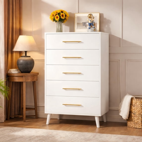 Noelse 5 Drawer Dresser, Tall Dresser with Metal Handles, Wood Storage Organizer for Bedroom, Hallway, Entryway, White
