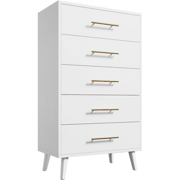 Noelse 5 Drawer Dresser, Tall Dresser with Metal Handles, Wood Storage Organizer for Bedroom, Hallway, Entryway, White