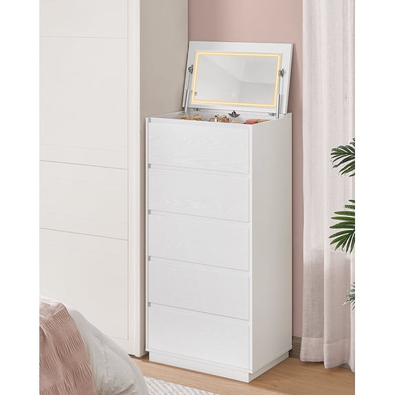 5-Drawer Dresser with Vanity Mirror and Touch Control Adjustable Lights, Modern Chest of Drawers for Bedroom, Sturdy Storage Furniture, Snow White